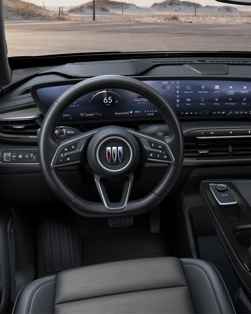 Close-up of the Buick Enclave ST Interior Drivers Side View of the Steering Wheel and Dashboard